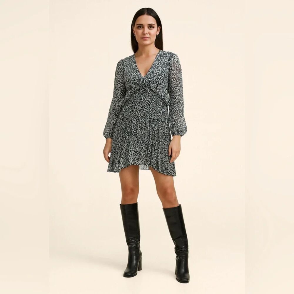 The Kooples Baroque Lace Print Mini Dress V Neck Empire Waist Black/White Large